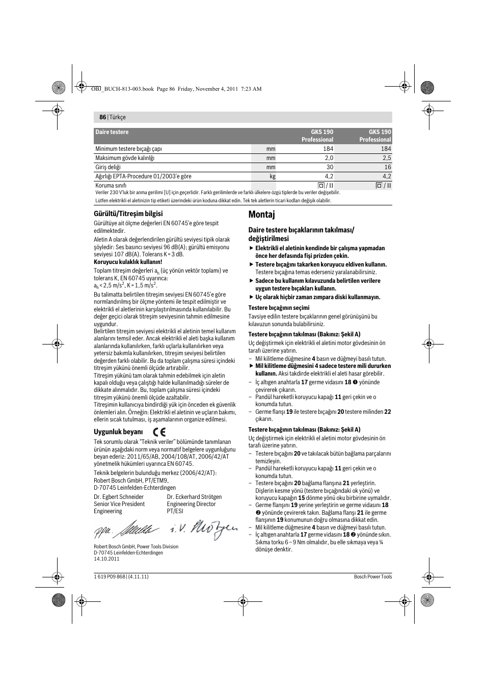 Montaj | Bosch GKS 190 Professional User Manual | Page 86 / 193
