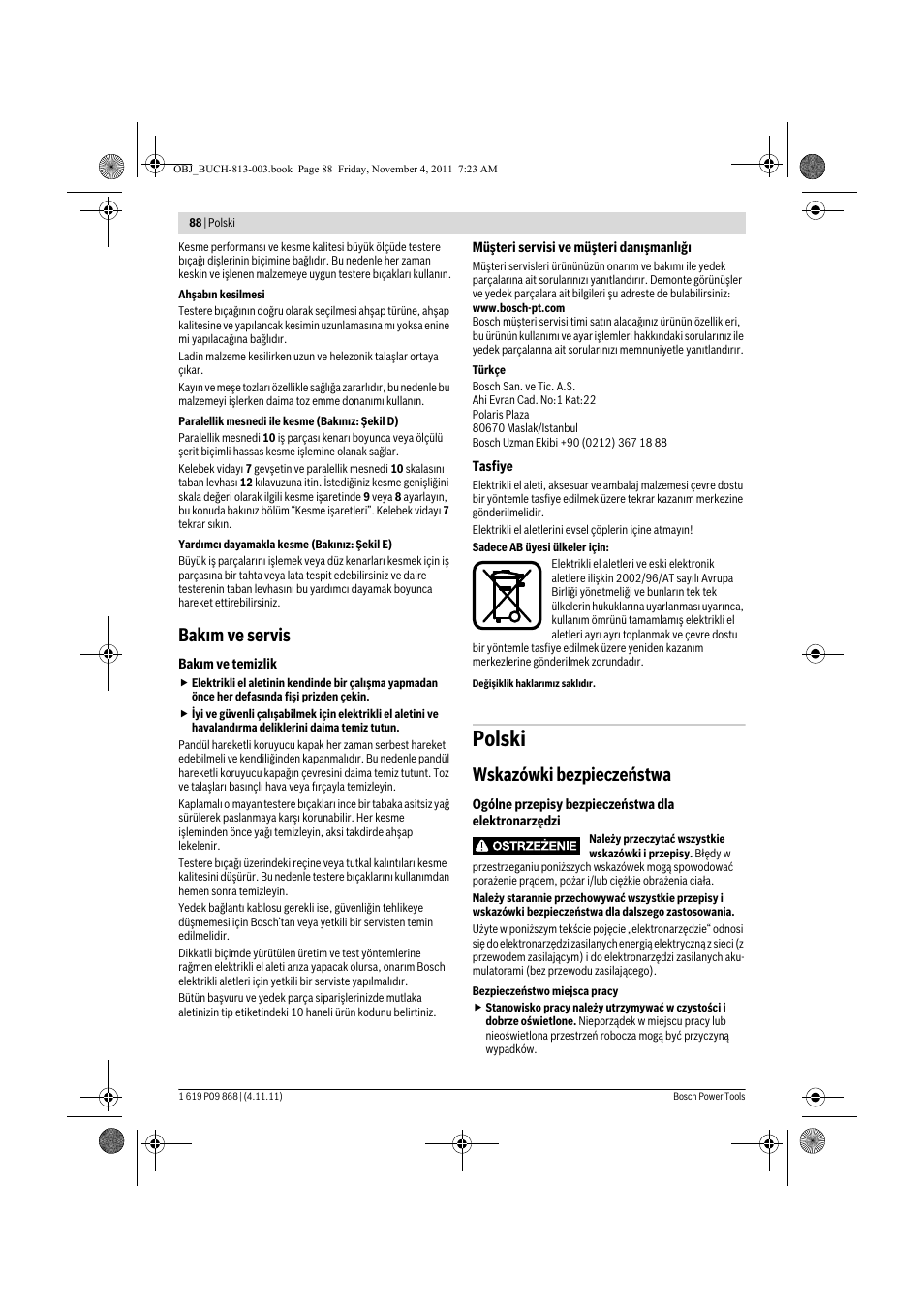 Polski, Bak m ve servis, Wskazówki bezpieczeństwa | Bosch GKS 190 Professional User Manual | Page 88 / 193