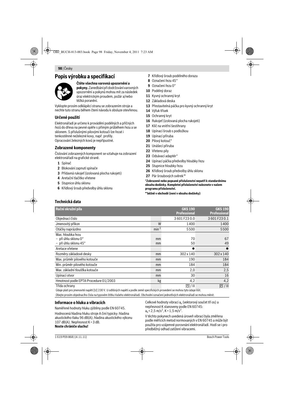 Popis výrobku a specifikací | Bosch GKS 190 Professional User Manual | Page 98 / 193