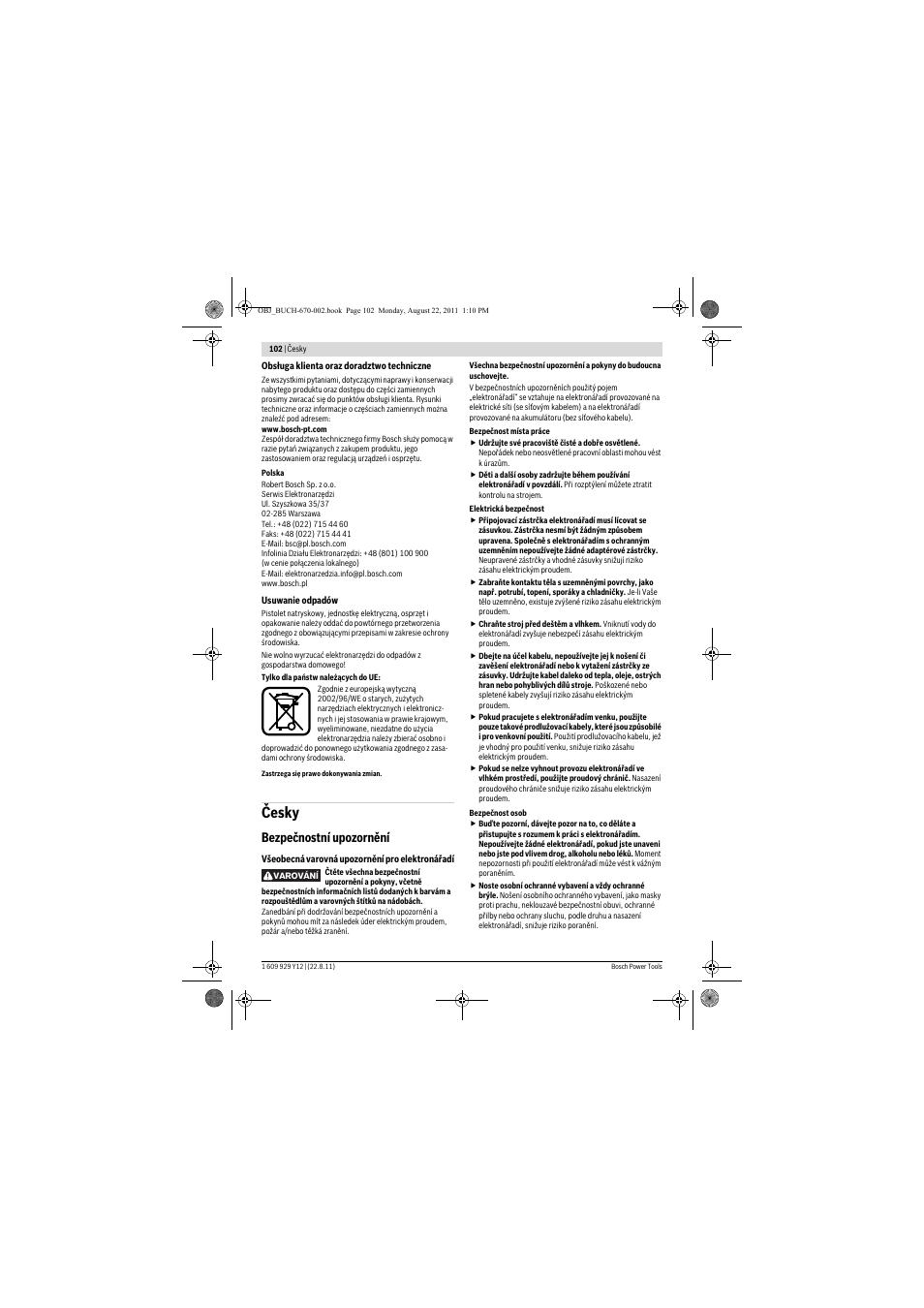 Česky, Bezpečnostní upozornění | Bosch PFS 55 User Manual | Page 102 / 191
