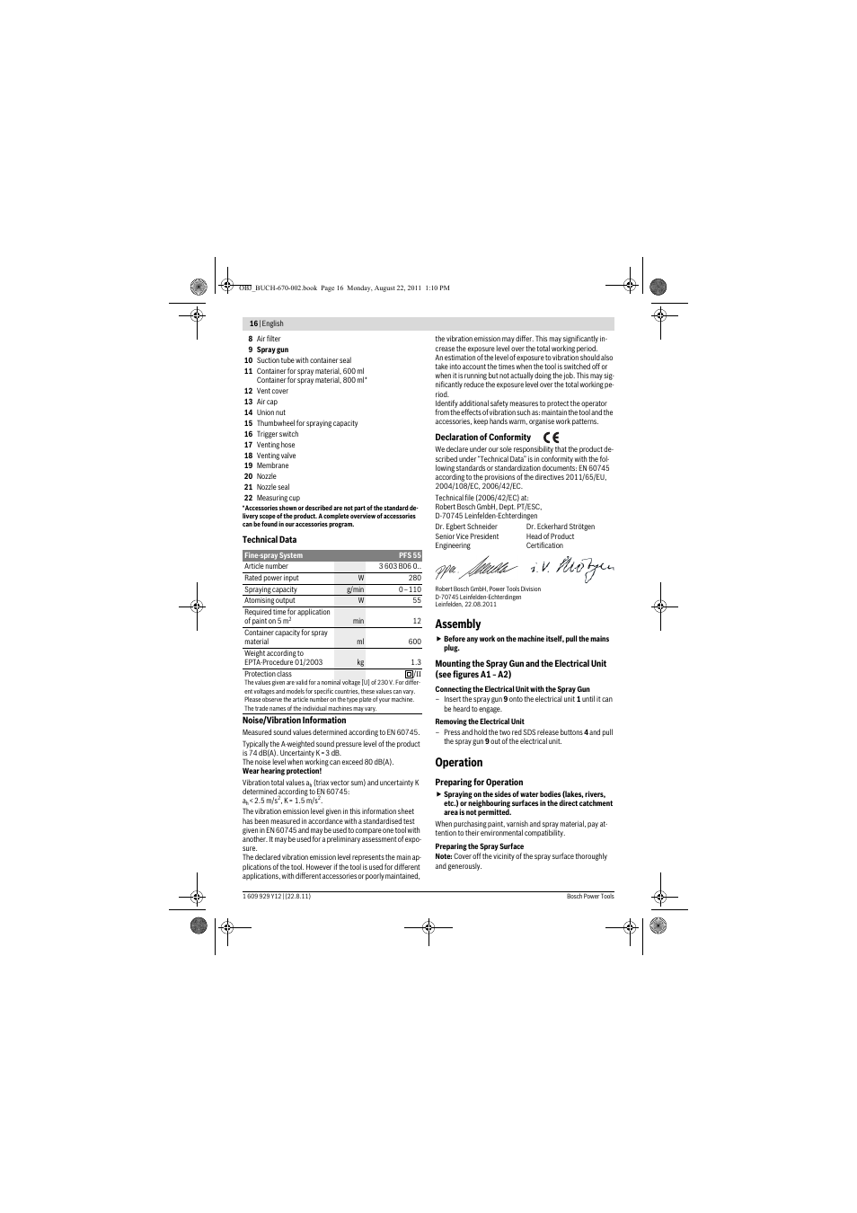 Assembly, Operation | Bosch PFS 55 User Manual | Page 16 / 191