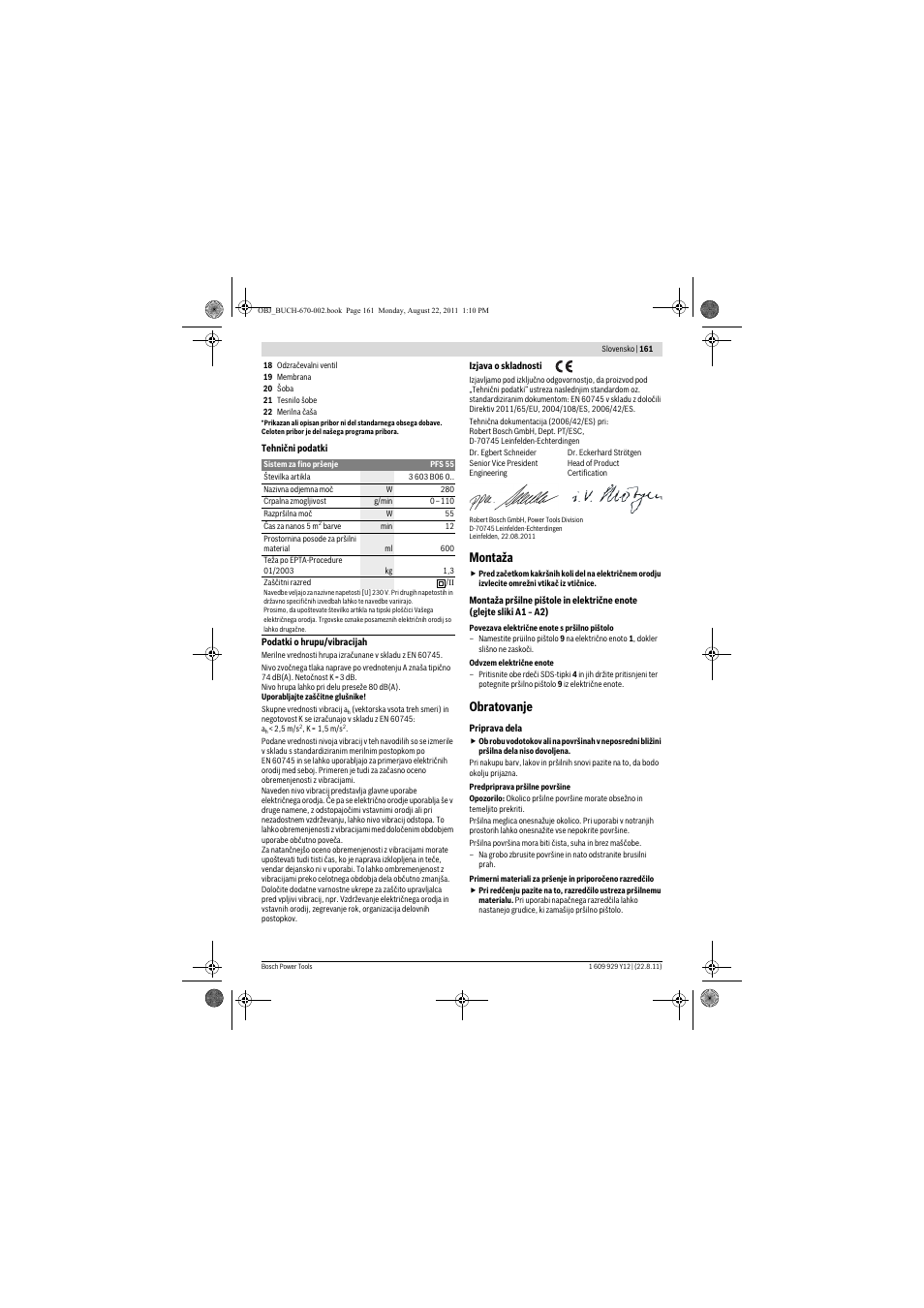 Montaža, Obratovanje | Bosch PFS 55 User Manual | Page 161 / 191