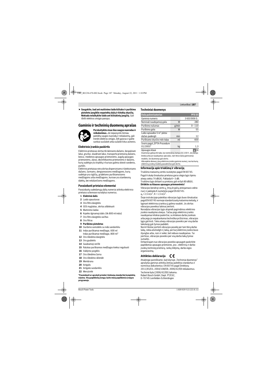 Gaminio ir techninių duomenų aprašas | Bosch PFS 55 User Manual | Page 187 / 191