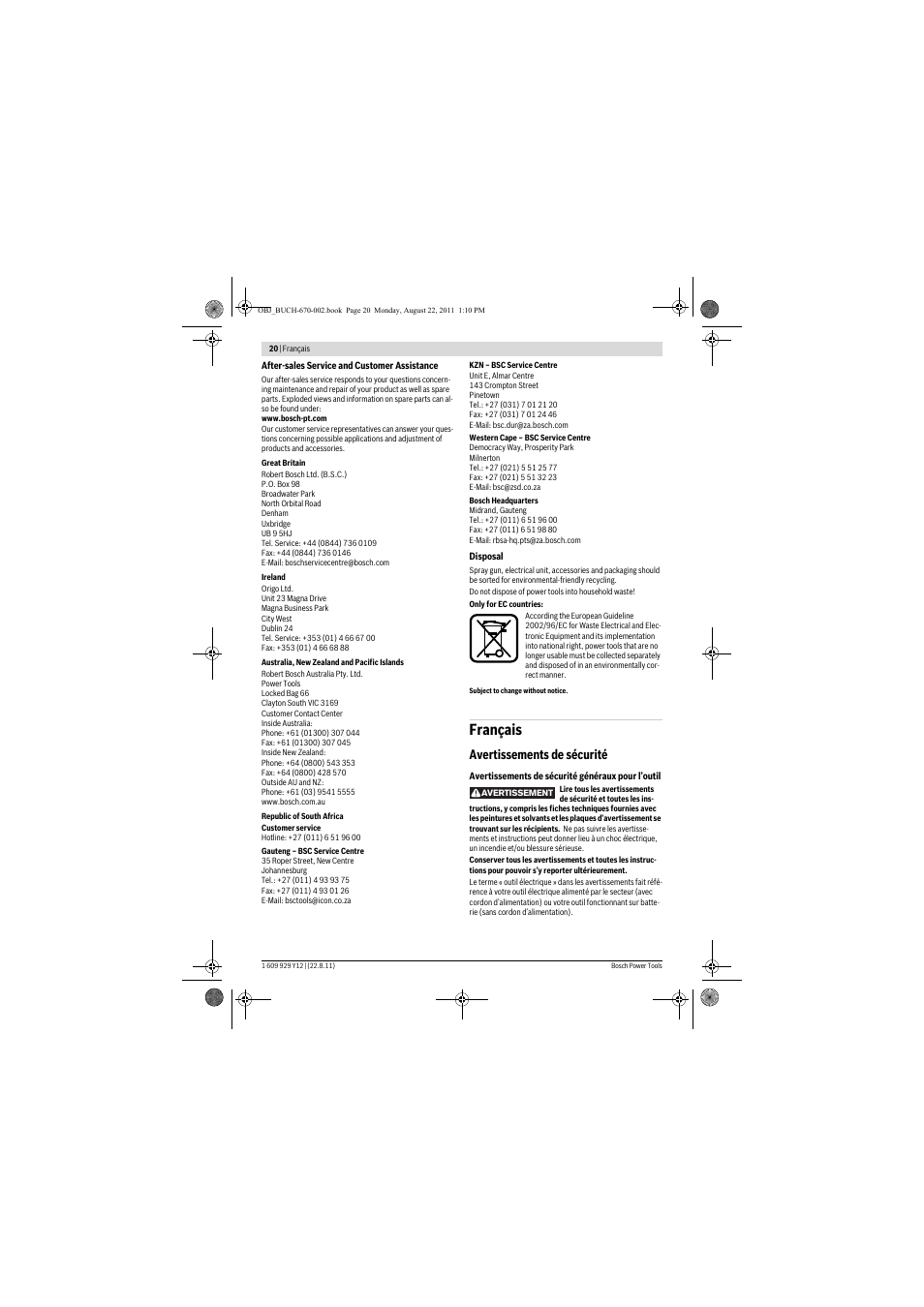 Français, Avertissements de sécurité | Bosch PFS 55 User Manual | Page 20 / 191