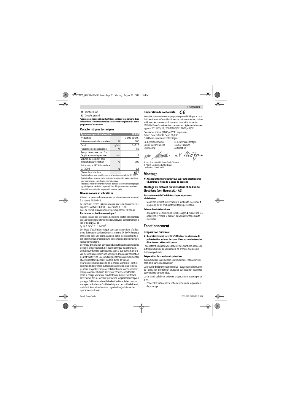 Montage, Fonctionnement | Bosch PFS 55 User Manual | Page 23 / 191