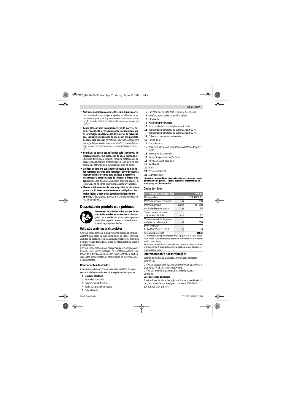 Descrição do produto e da potência | Bosch PFS 55 User Manual | Page 37 / 191