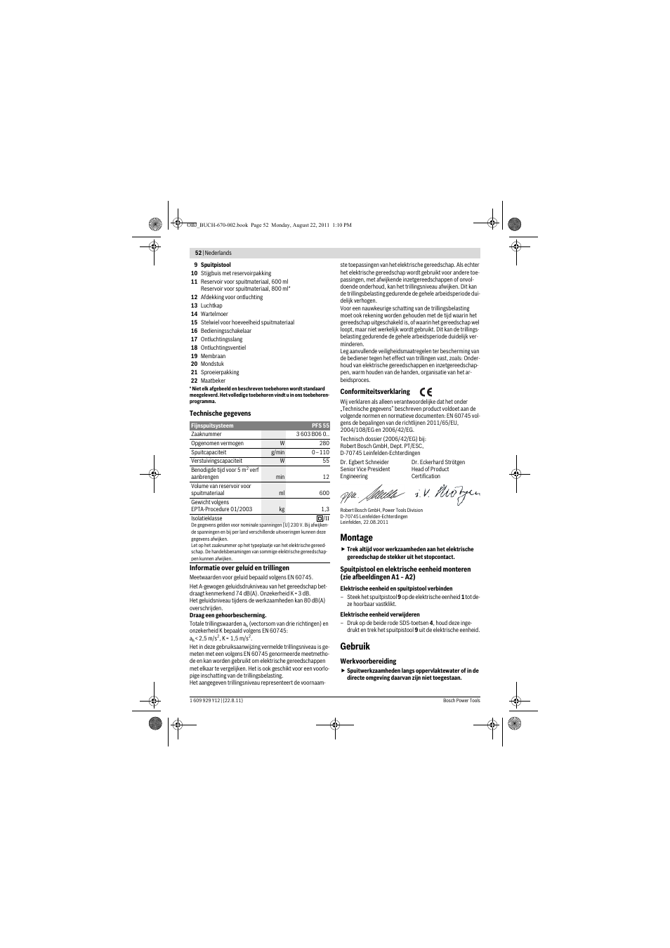 Montage, Gebruik | Bosch PFS 55 User Manual | Page 52 / 191