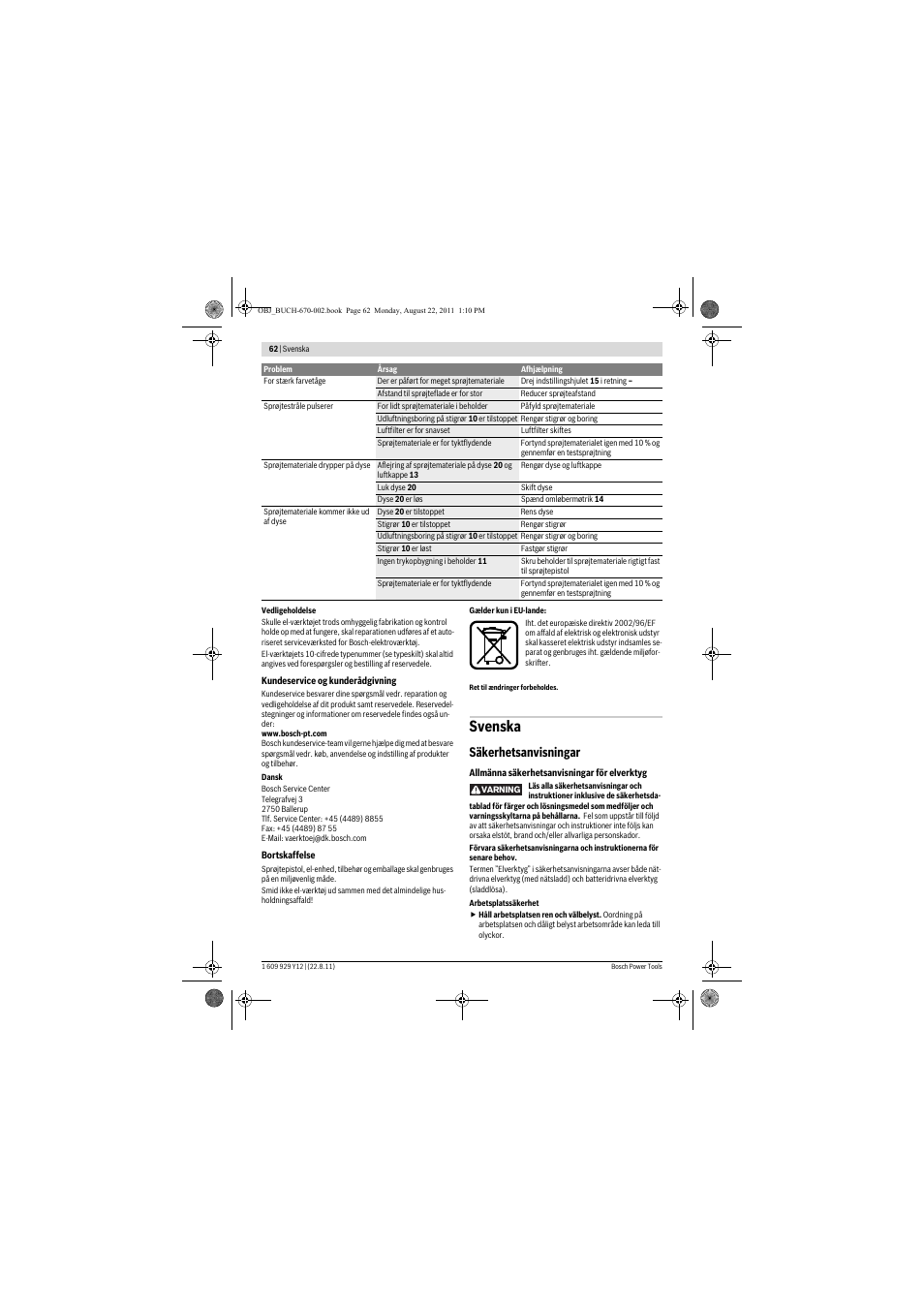 Svenska, Säkerhetsanvisningar | Bosch PFS 55 User Manual | Page 62 / 191