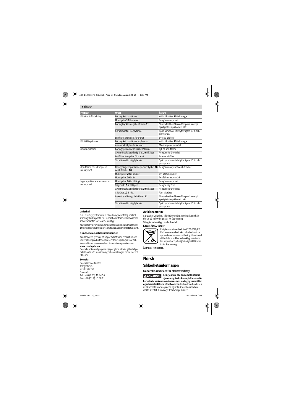 Norsk, Sikkerhetsinformasjon | Bosch PFS 55 User Manual | Page 68 / 191