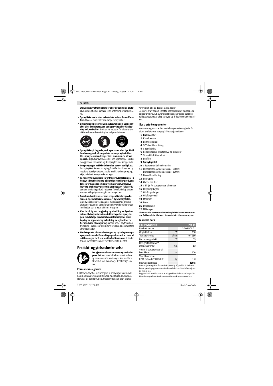 Produkt- og ytelsesbeskrivelse | Bosch PFS 55 User Manual | Page 70 / 191