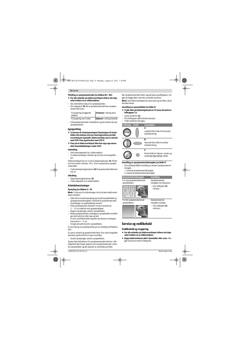 Service og vedlikehold | Bosch PFS 55 User Manual | Page 72 / 191