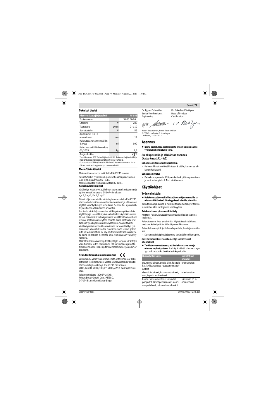 Asennus, Käyttöohjeet | Bosch PFS 55 User Manual | Page 77 / 191