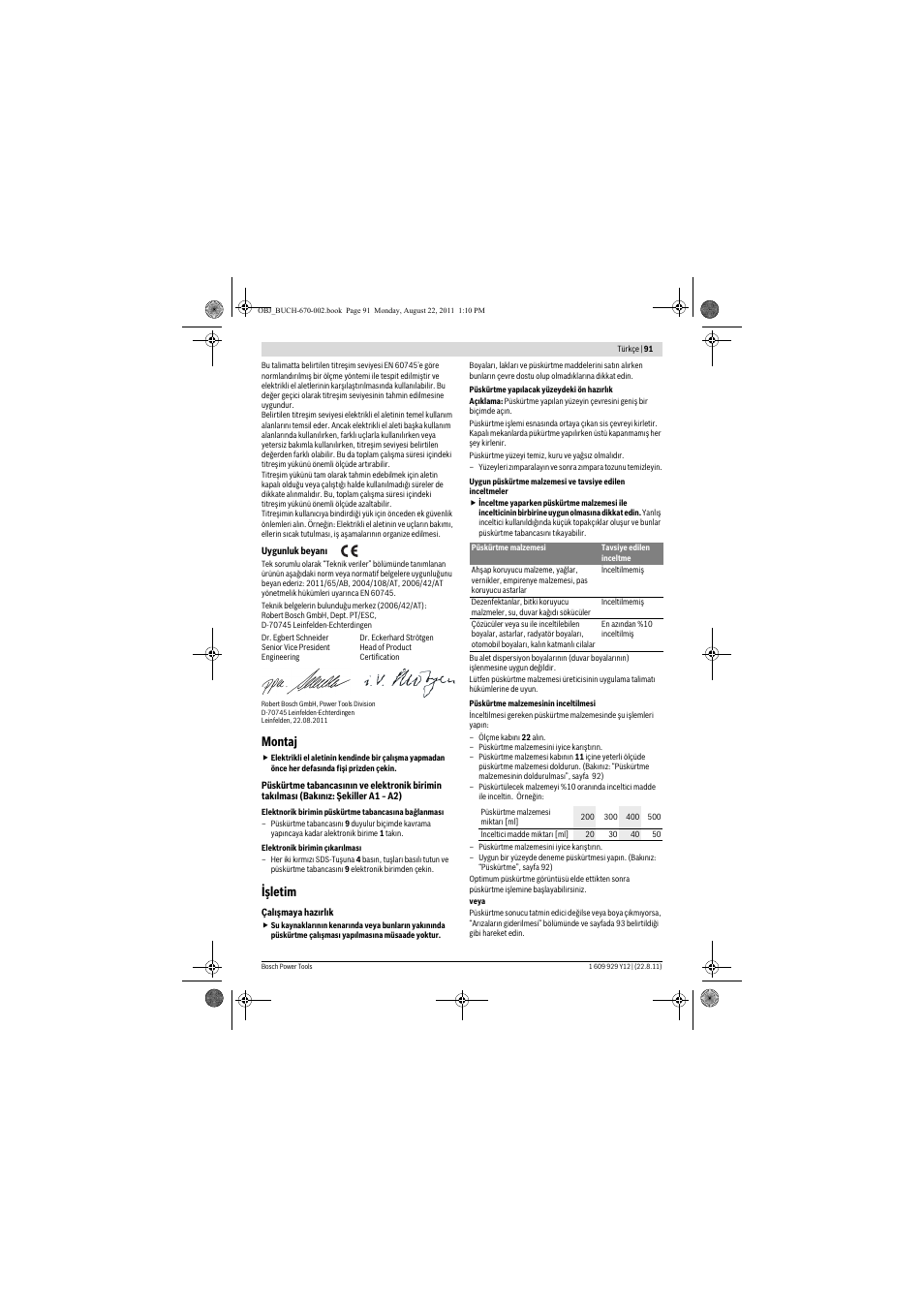 Montaj, Işletim | Bosch PFS 55 User Manual | Page 91 / 191