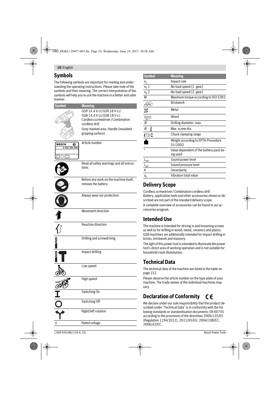 Symbols, Delivery scope, Intended use | Technical data, Declaration of conformity | Bosch GSB 14,4 V-LI Professional User Manual | Page 10 / 157