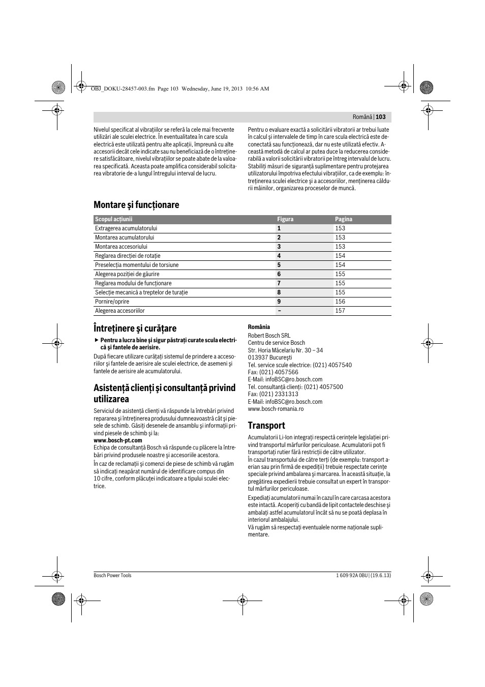 Montare şi funcţionare întreţinere şi curăţare, Transport | Bosch GSB 14,4 V-LI Professional User Manual | Page 103 / 157