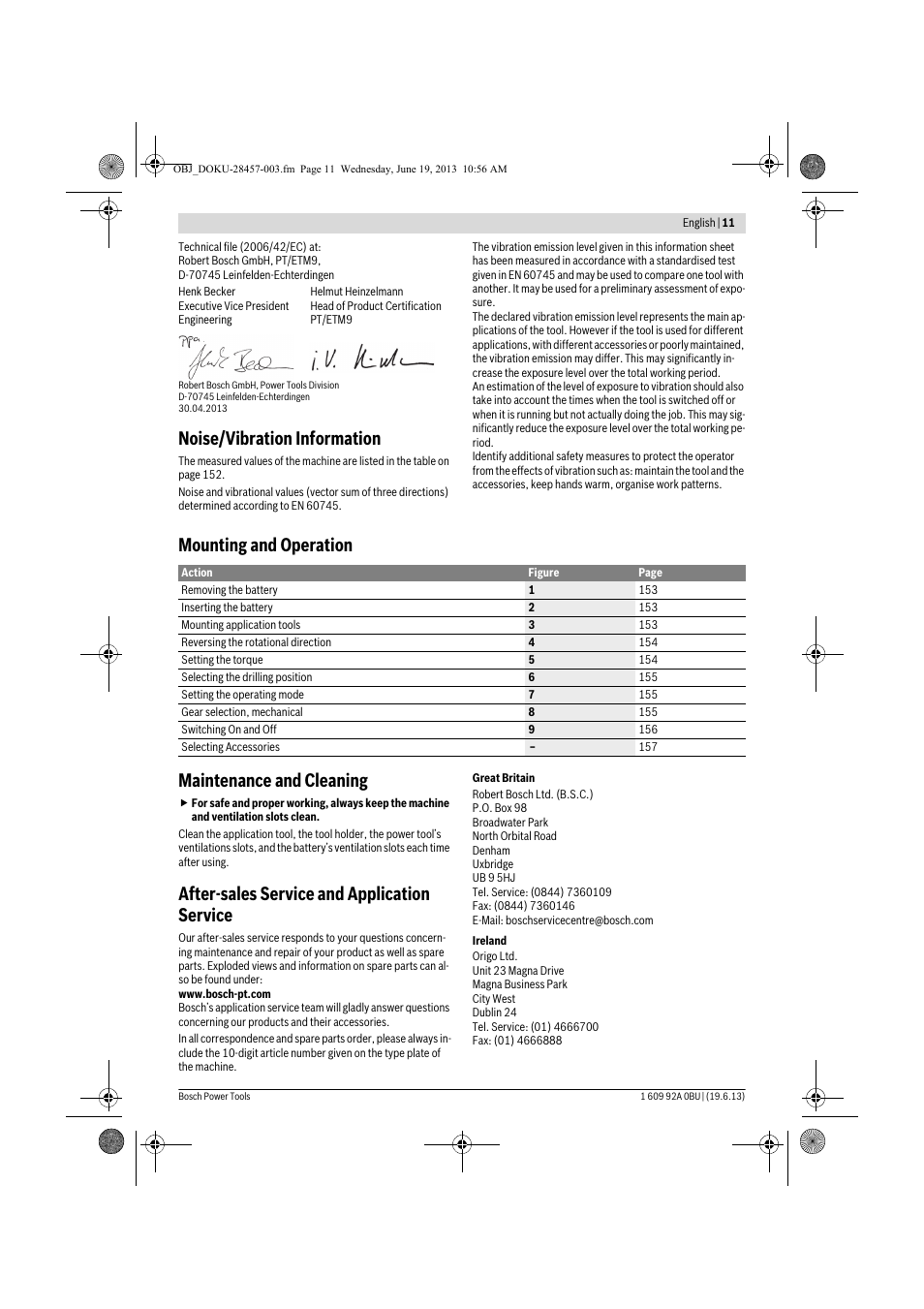 Noise/vibration information, Mounting and operation maintenance and cleaning, After-sales service and application service | Bosch GSB 14,4 V-LI Professional User Manual | Page 11 / 157