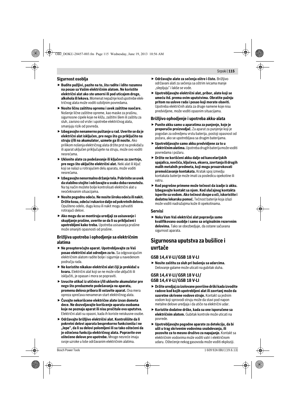 Sigurnosna uputstva za bušilice i uvrtače | Bosch GSB 14,4 V-LI Professional User Manual | Page 115 / 157