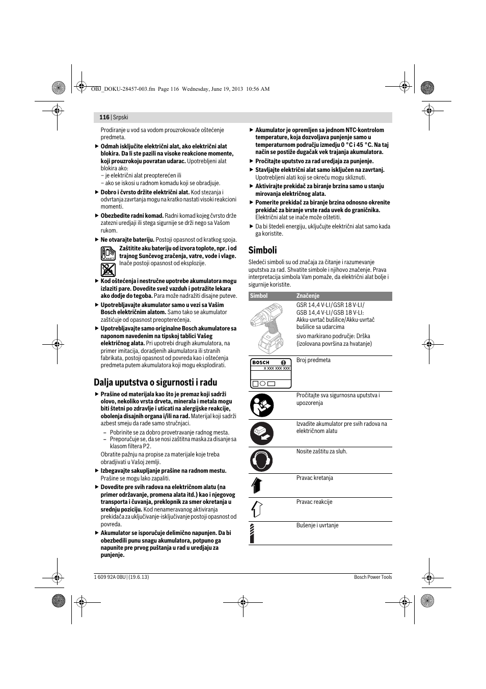 Dalja uputstva o sigurnosti i radu, Simboli | Bosch GSB 14,4 V-LI Professional User Manual | Page 116 / 157