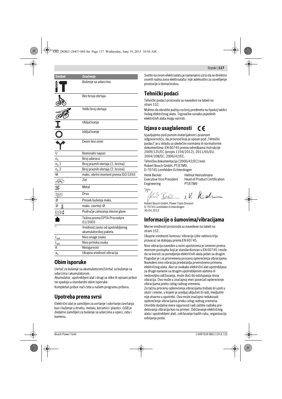 Obim isporuke, Upotreba prema svrsi, Tehnički podaci | Izjava o usaglašenosti, Informacije o šumovima/vibracijama | Bosch GSB 14,4 V-LI Professional User Manual | Page 117 / 157