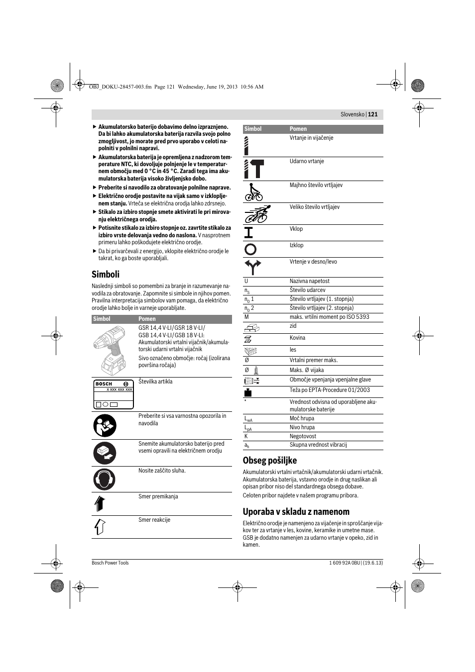 Simboli, Obseg pošiljke, Uporaba v skladu z namenom | Bosch GSB 14,4 V-LI Professional User Manual | Page 121 / 157