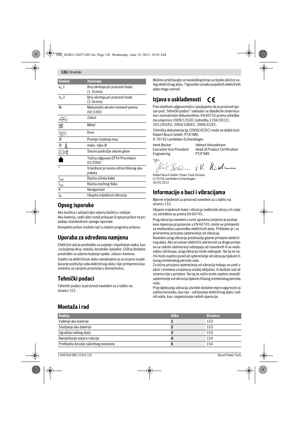 Opseg isporuke, Uporaba za određenu namjenu, Tehnički podaci | Izjava o usklađenosti, Informacije o buci i vibracijama, Montaža i rad | Bosch GSB 14,4 V-LI Professional User Manual | Page 126 / 157