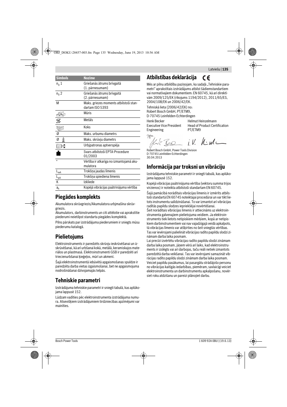 Piegādes komplekts, Pielietojums, Tehniskie parametri | Atbilstības deklarācija, Informācija par troksni un vibrāciju | Bosch GSB 14,4 V-LI Professional User Manual | Page 135 / 157