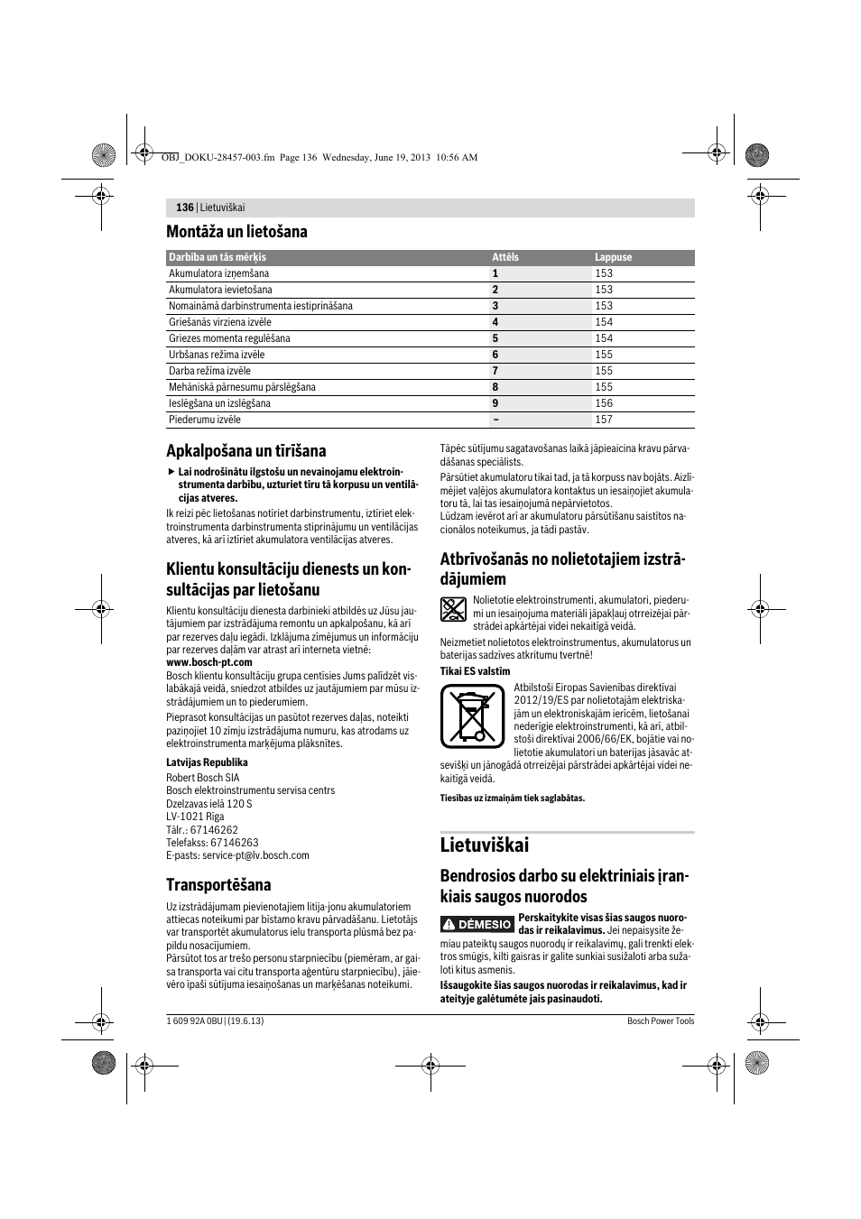 Lietuviškai, Montāža un lietošana apkalpošana un tīrīšana, Transportēšana | Atbrīvošanās no nolietotajiem izstrā- dājumiem | Bosch GSB 14,4 V-LI Professional User Manual | Page 136 / 157