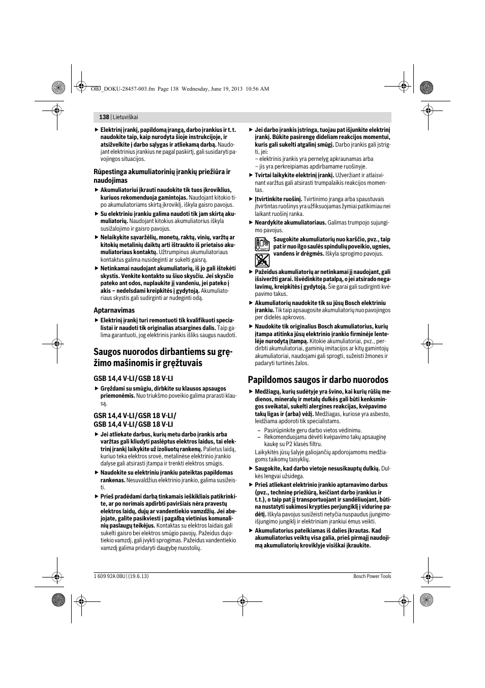 Papildomos saugos ir darbo nuorodos | Bosch GSB 14,4 V-LI Professional User Manual | Page 138 / 157