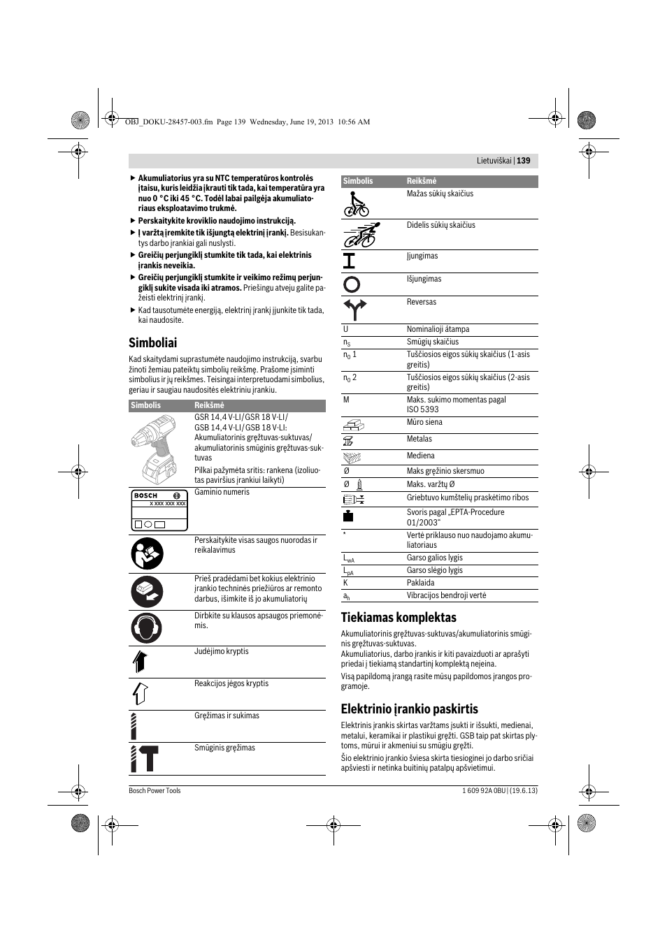 Simboliai, Tiekiamas komplektas, Elektrinio įrankio paskirtis | Bosch GSB 14,4 V-LI Professional User Manual | Page 139 / 157