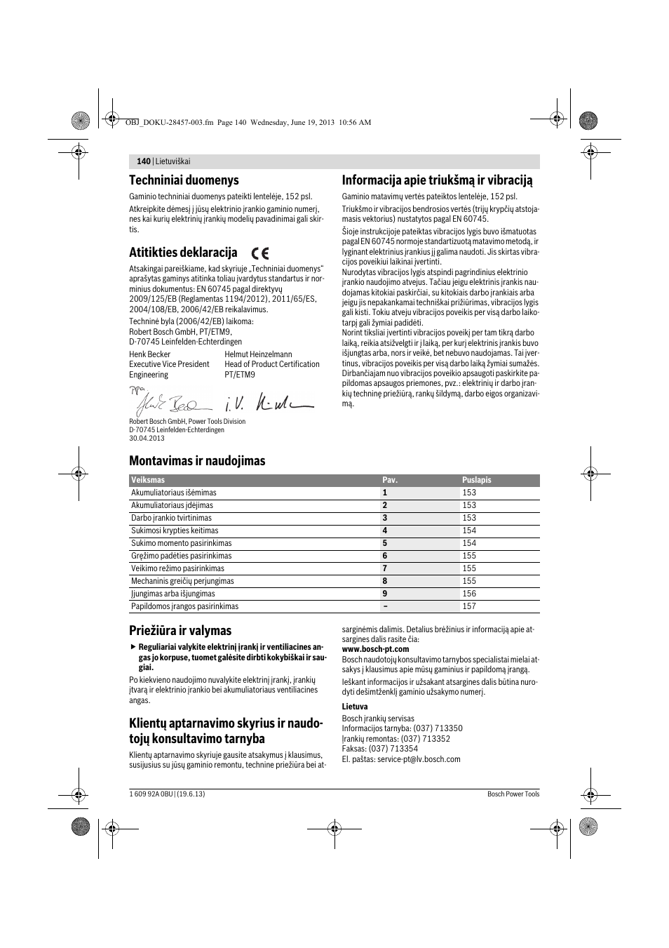 Techniniai duomenys, Atitikties deklaracija, Informacija apie triukšmą ir vibraciją | Montavimas ir naudojimas priežiūra ir valymas | Bosch GSB 14,4 V-LI Professional User Manual | Page 140 / 157
