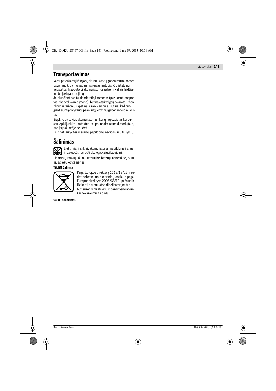 Transportavimas, Šalinimas | Bosch GSB 14,4 V-LI Professional User Manual | Page 141 / 157