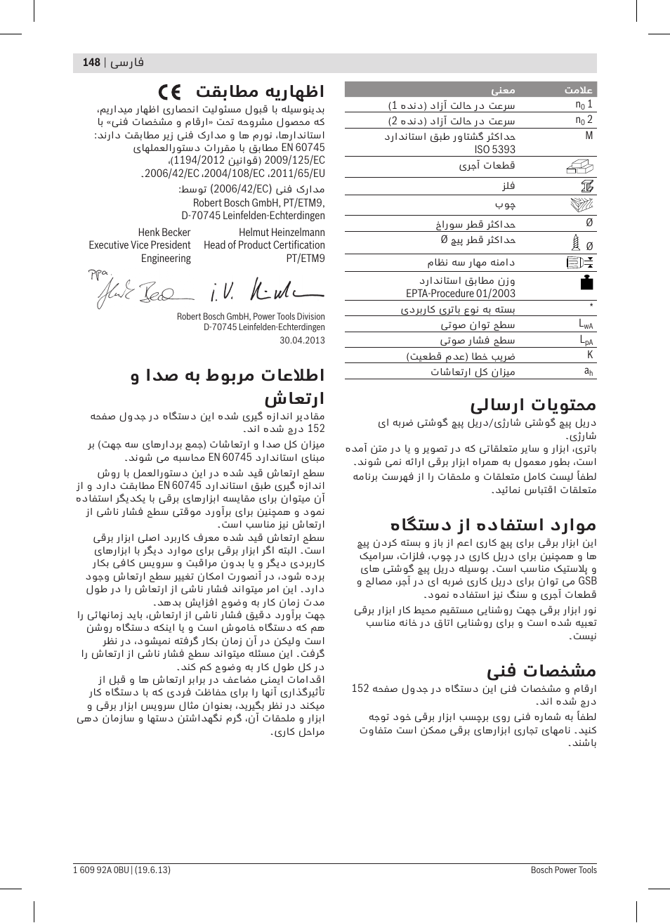 یلاسرا تایوتحم, هاگتسد زا هدافتسا دراوم, ینف تاصخشم | تقباطم هیراهظا, و ادص هب طوبرم تاعلاطا شاعترا | Bosch GSB 14,4 V-LI Professional User Manual | Page 148 / 157