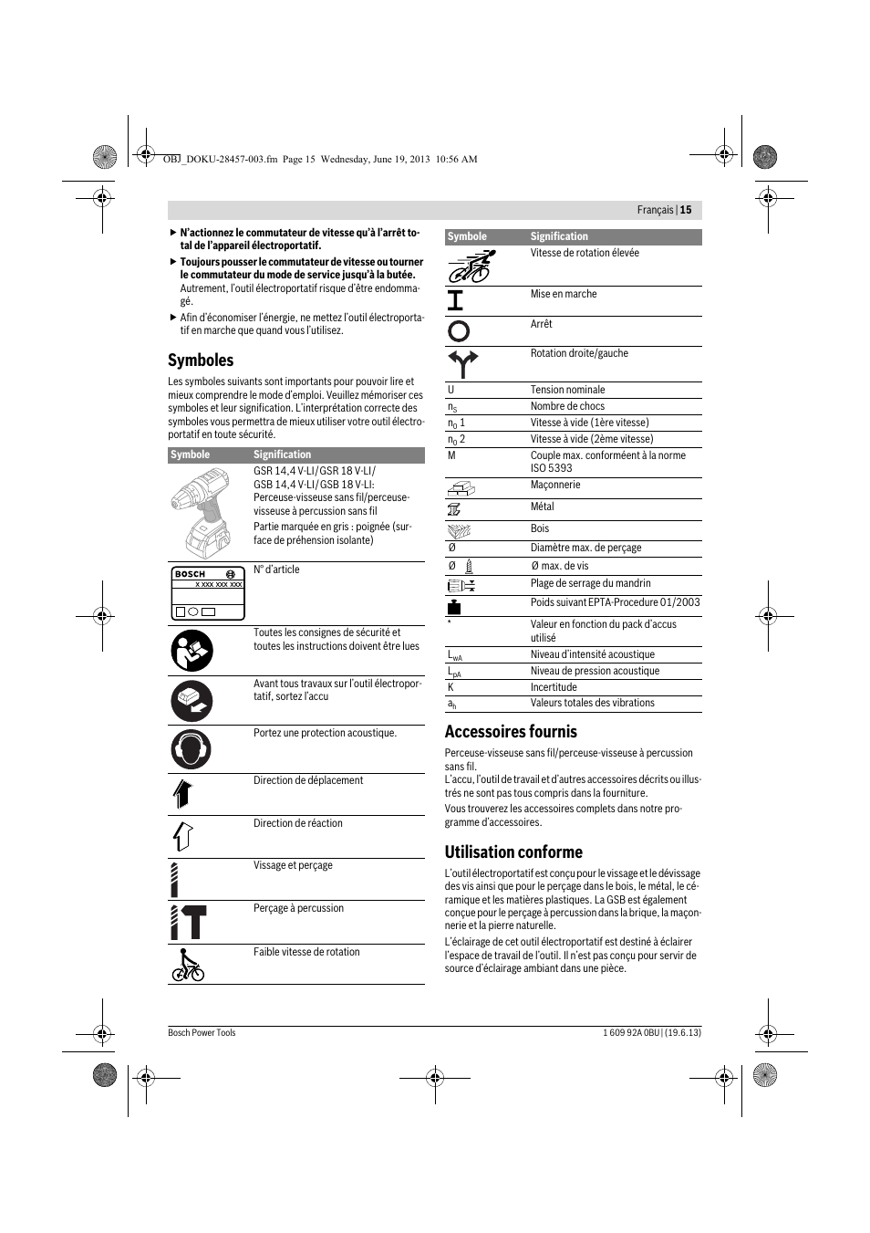 Symboles, Accessoires fournis, Utilisation conforme | Bosch GSB 14,4 V-LI Professional User Manual | Page 15 / 157