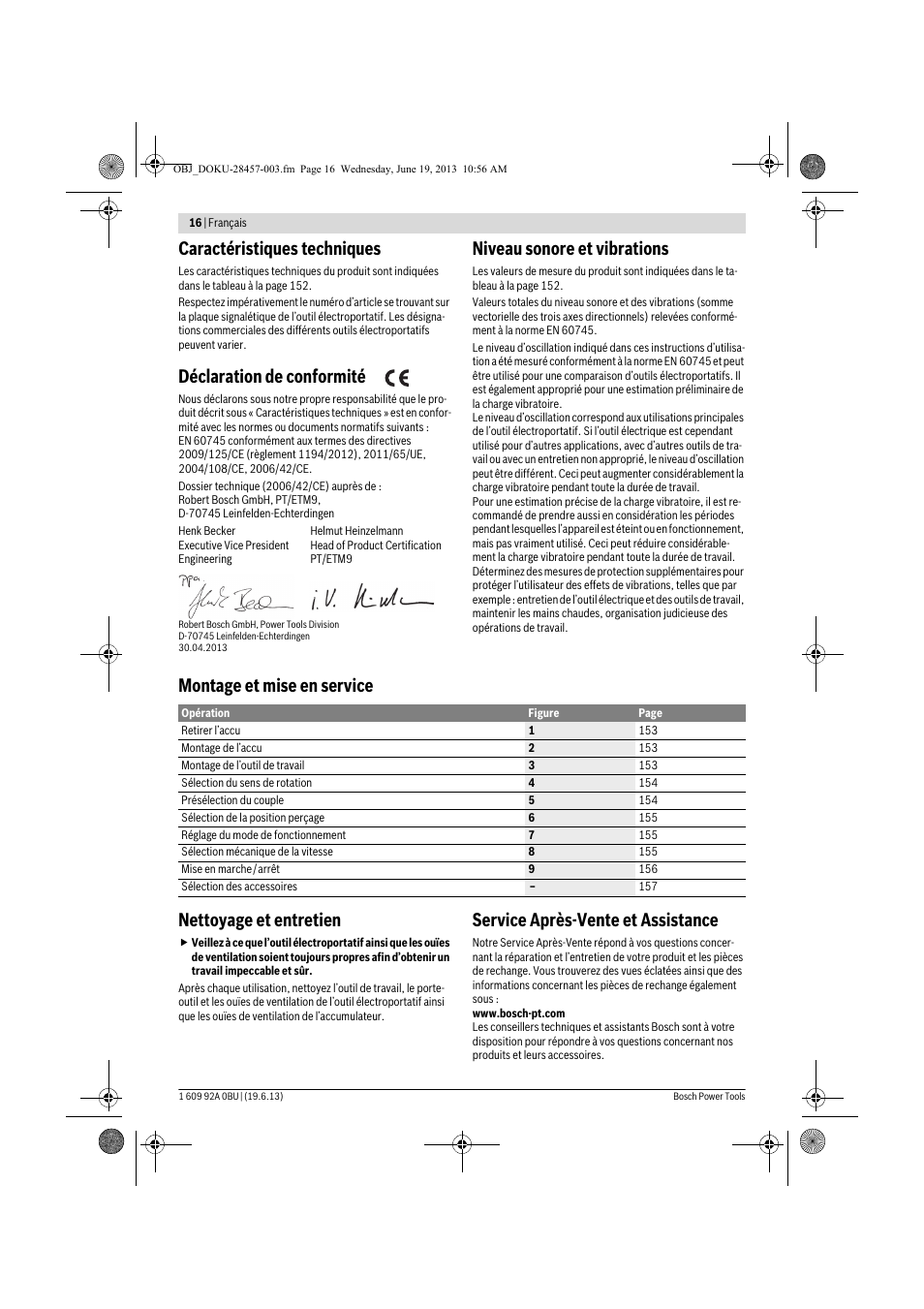 Caractéristiques techniques, Déclaration de conformité, Niveau sonore et vibrations | Montage et mise en service nettoyage et entretien, Service après-vente et assistance | Bosch GSB 14,4 V-LI Professional User Manual | Page 16 / 157