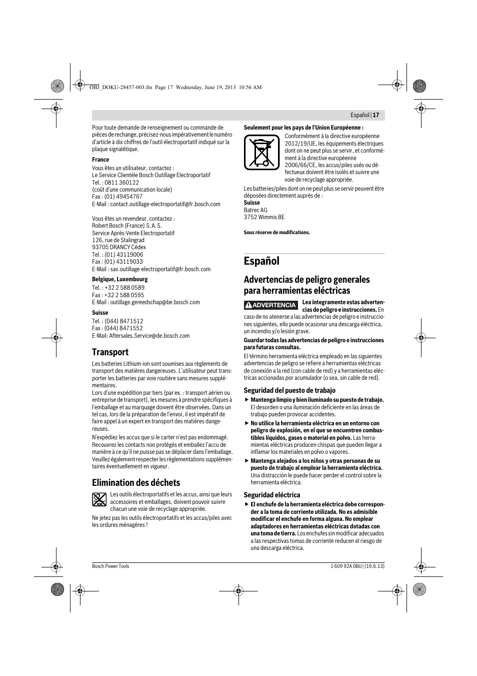 Español, Transport, Elimination des déchets | Bosch GSB 14,4 V-LI Professional User Manual | Page 17 / 157