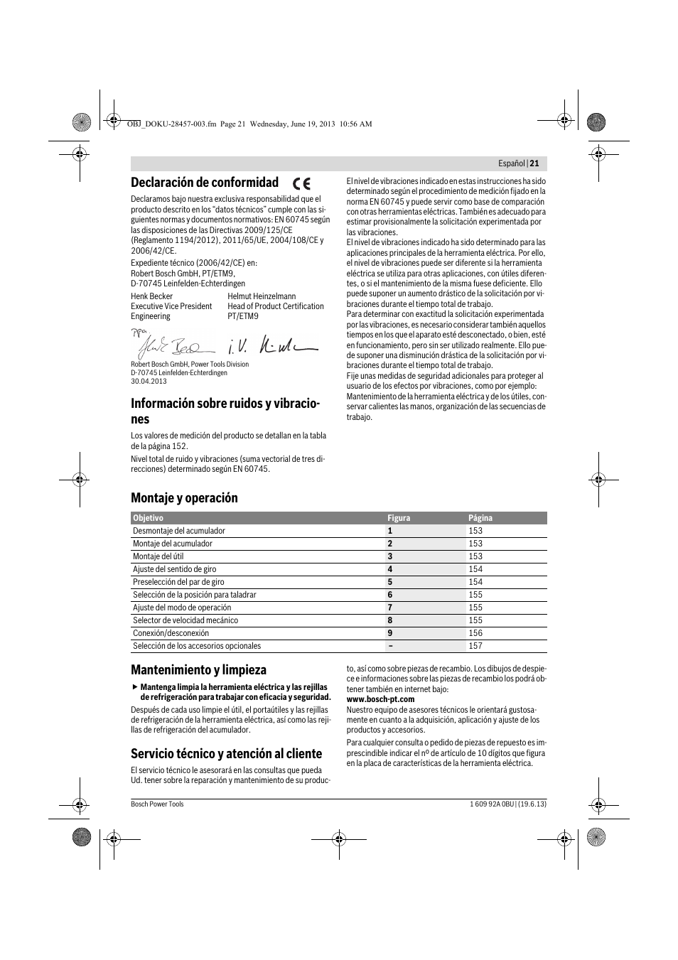 Declaración de conformidad, Información sobre ruidos y vibracio- nes, Montaje y operación mantenimiento y limpieza | Servicio técnico y atención al cliente | Bosch GSB 14,4 V-LI Professional User Manual | Page 21 / 157