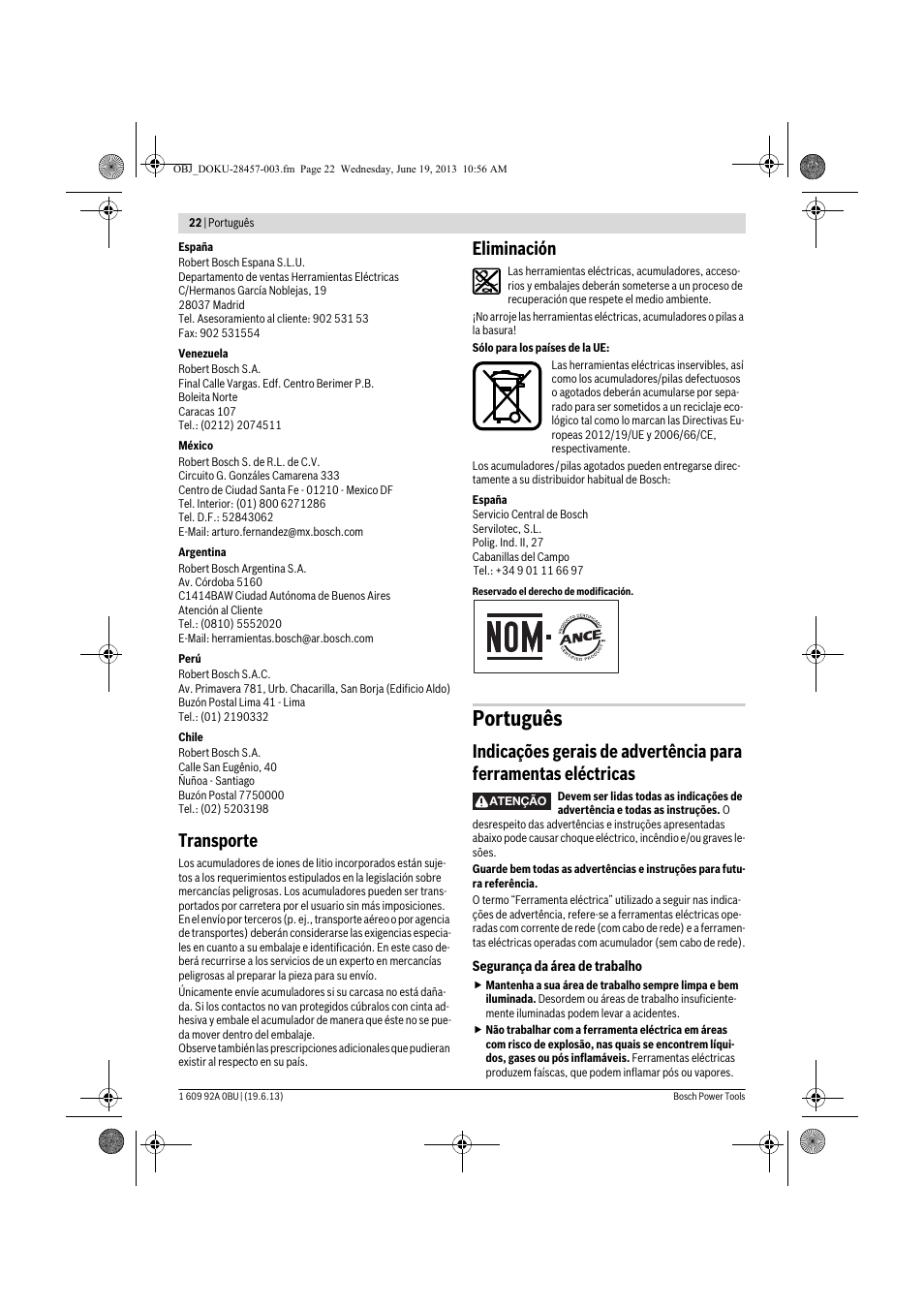 Português, Transporte, Eliminación | Bosch GSB 14,4 V-LI Professional User Manual | Page 22 / 157