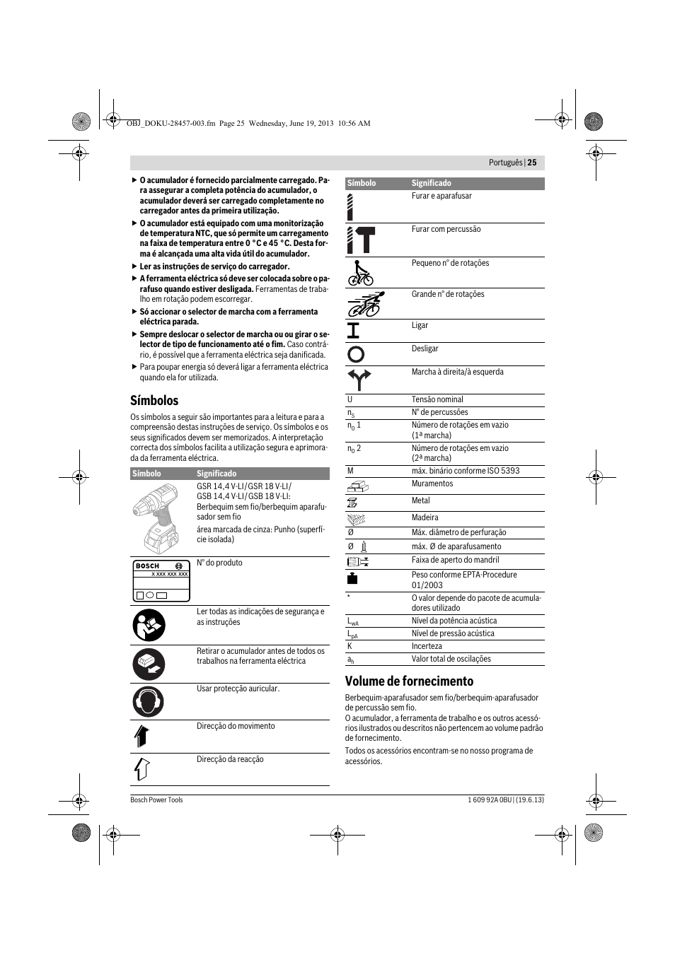 Símbolos, Volume de fornecimento | Bosch GSB 14,4 V-LI Professional User Manual | Page 25 / 157