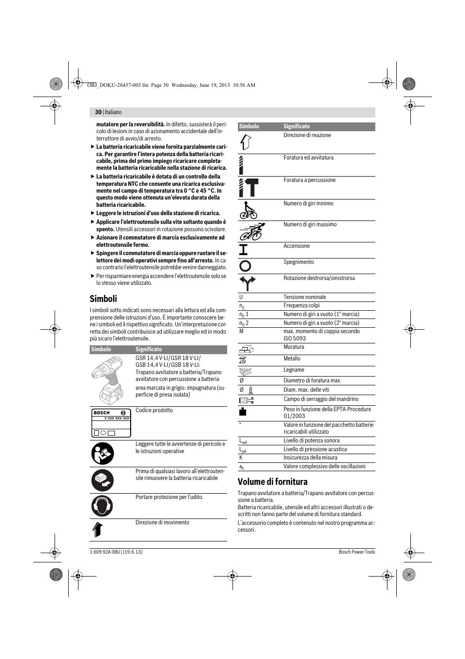 Simboli, Volume di fornitura | Bosch GSB 14,4 V-LI Professional User Manual | Page 30 / 157