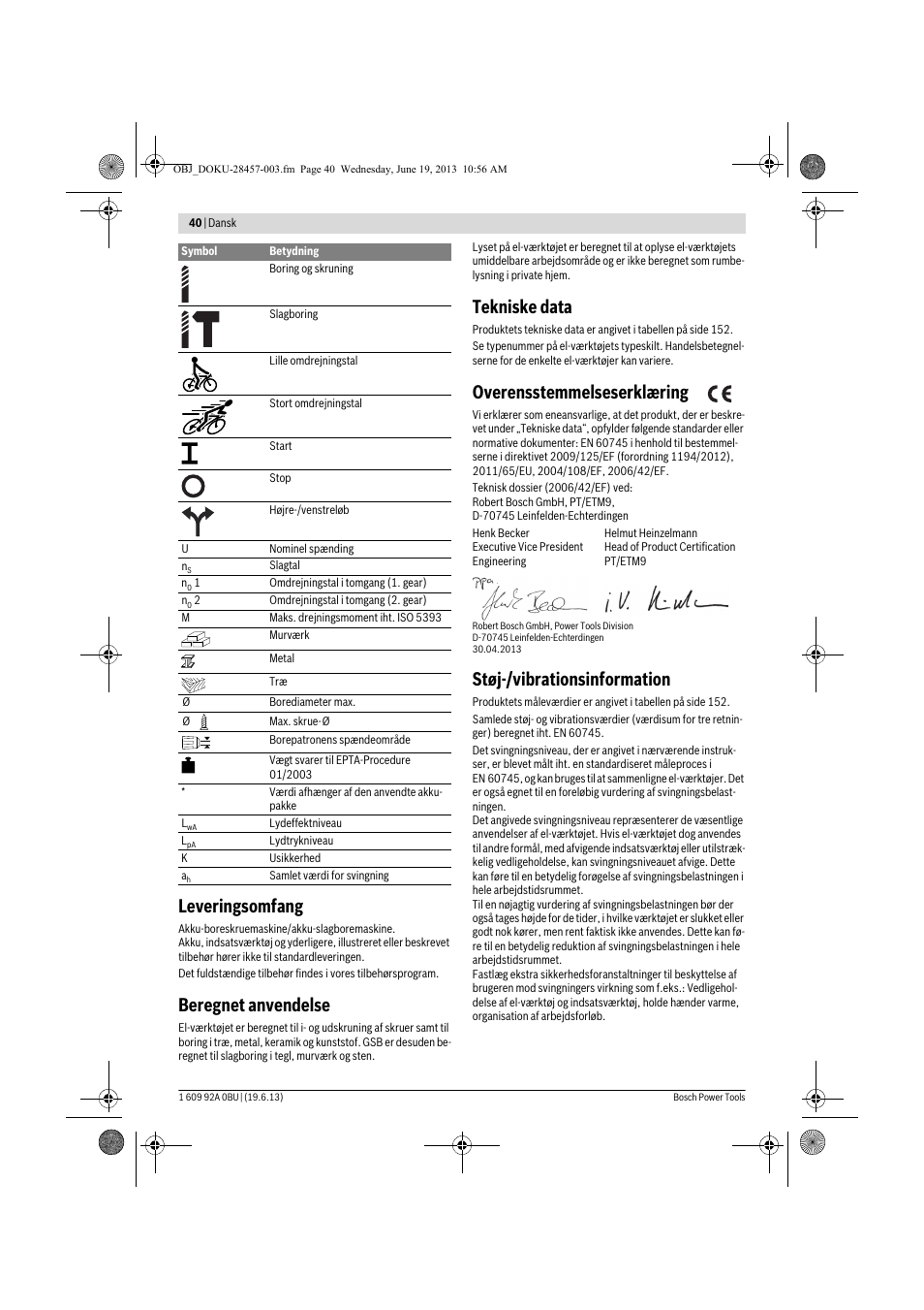 Leveringsomfang, Beregnet anvendelse, Tekniske data | Overensstemmelseserklæring, Støj-/vibrationsinformation | Bosch GSB 14,4 V-LI Professional User Manual | Page 40 / 157