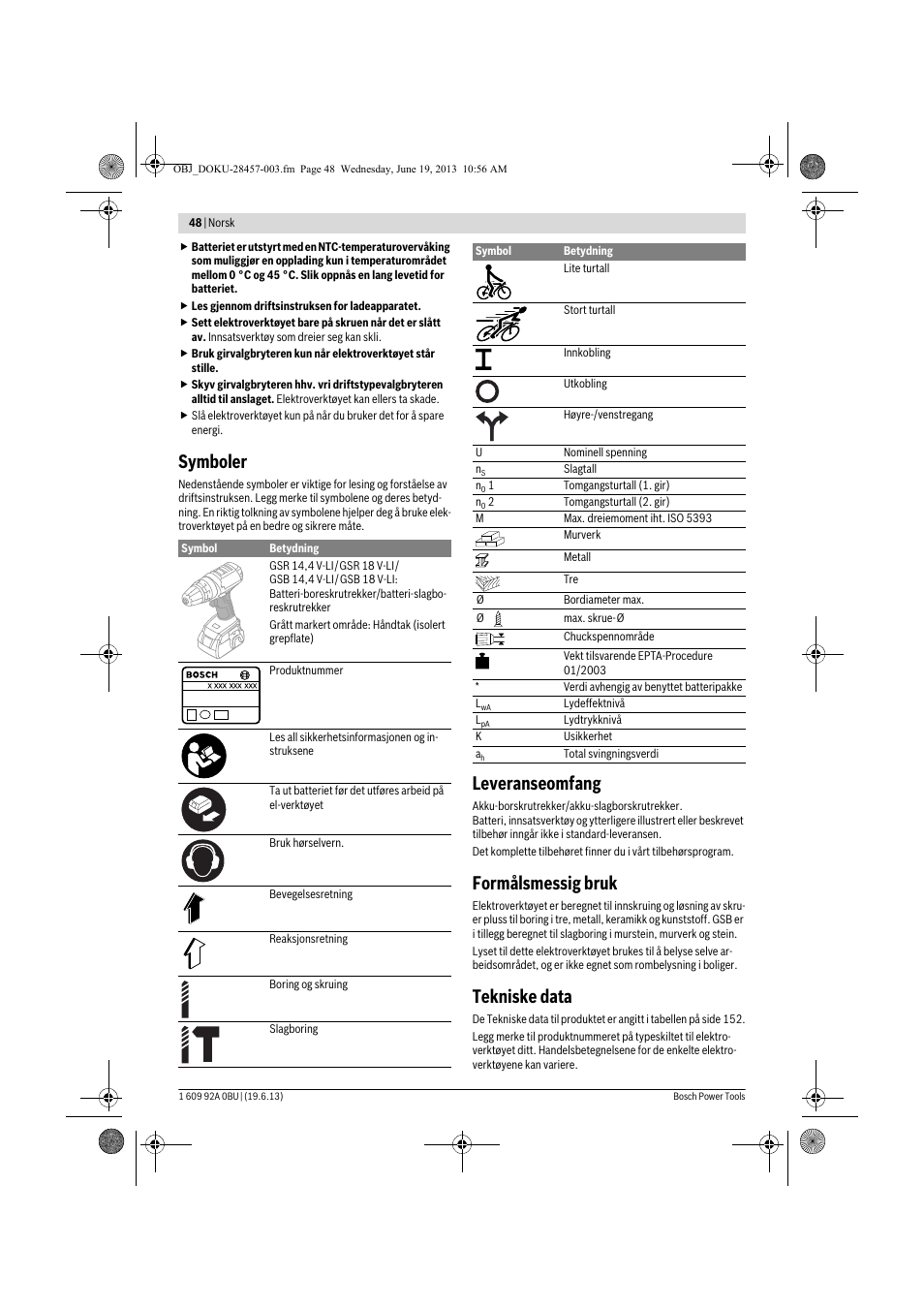 Symboler, Leveranseomfang, Formålsmessig bruk | Tekniske data | Bosch GSB 14,4 V-LI Professional User Manual | Page 48 / 157