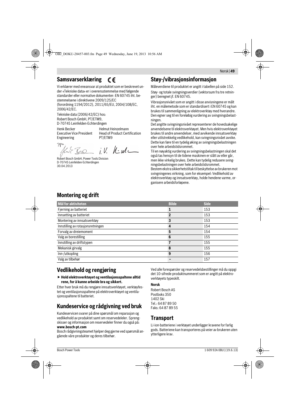 Samsvarserklæring, Støy-/vibrasjonsinformasjon, Montering og drift vedlikehold og rengjøring | Kundeservice og rådgivning ved bruk, Transport | Bosch GSB 14,4 V-LI Professional User Manual | Page 49 / 157