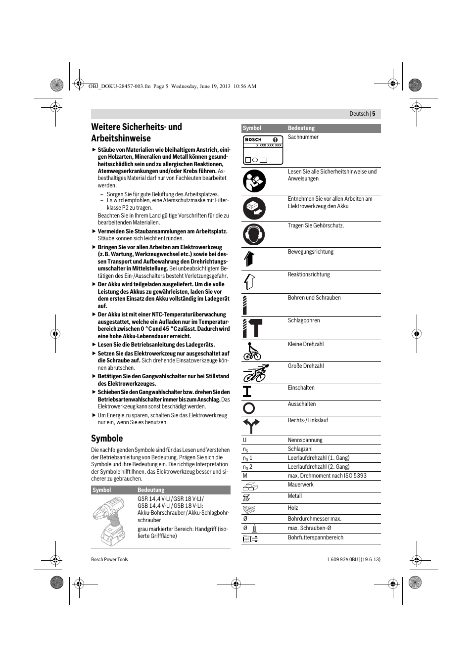 Weitere sicherheits- und arbeitshinweise, Symbole | Bosch GSB 14,4 V-LI Professional User Manual | Page 5 / 157