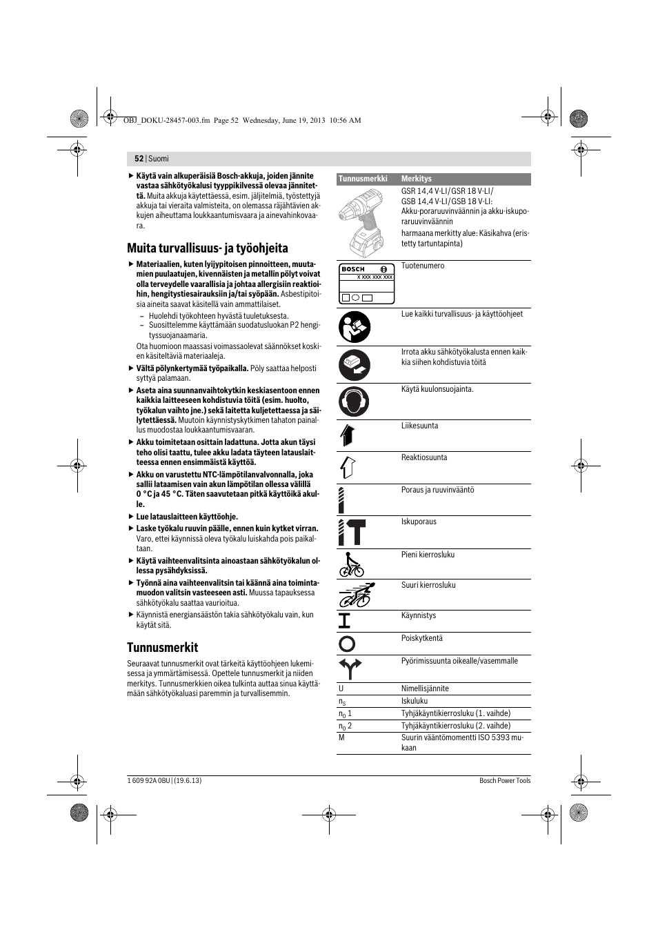 Muita turvallisuus- ja työohjeita, Tunnusmerkit | Bosch GSB 14,4 V-LI Professional User Manual | Page 52 / 157