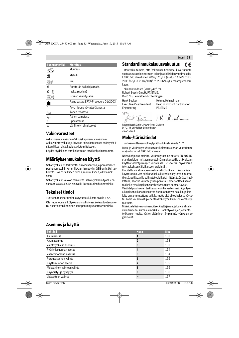 Vakiovarusteet, Määräyksenmukainen käyttö, Tekniset tiedot | Standardinmukaisuusvakuutus, Melu-/tärinätiedot, Asennus ja käyttö | Bosch GSB 14,4 V-LI Professional User Manual | Page 53 / 157