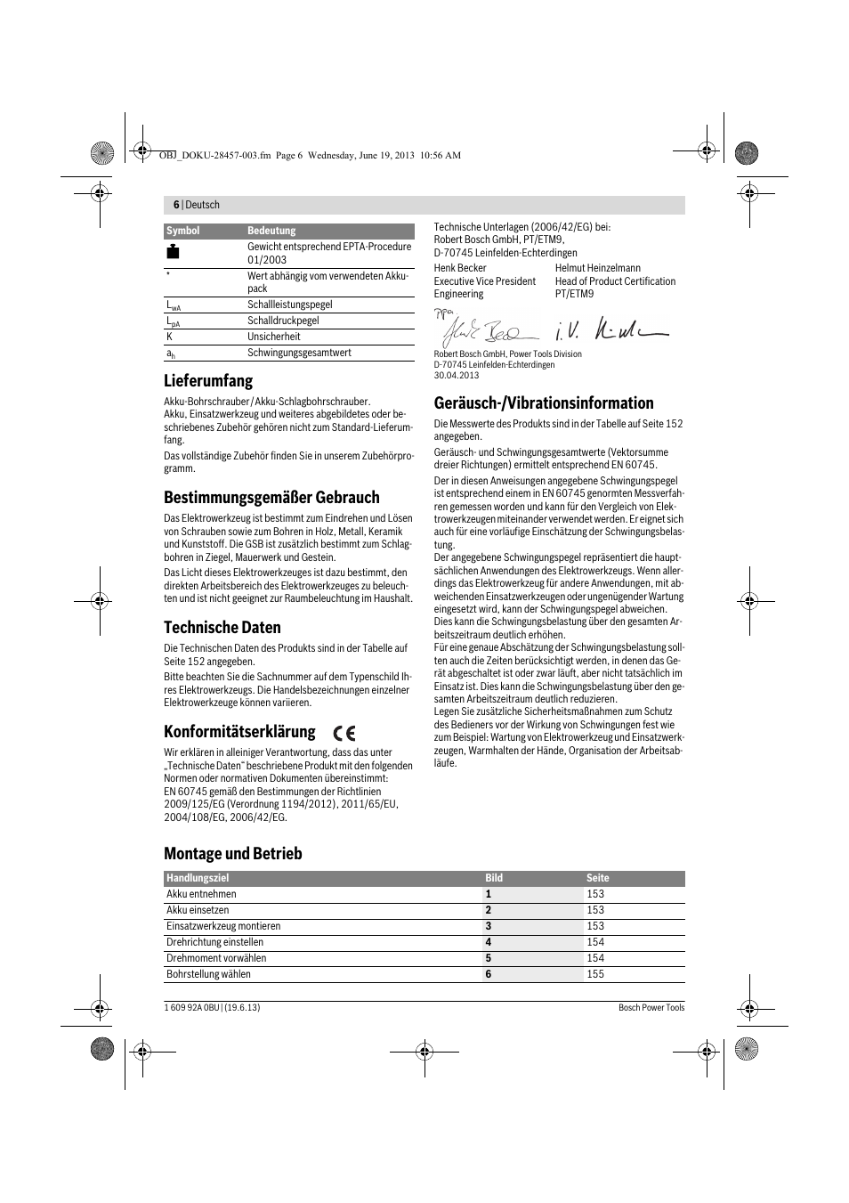 Lieferumfang, Bestimmungsgemäßer gebrauch, Technische daten | Konformitätserklärung, Geräusch-/vibrationsinformation, Montage und betrieb | Bosch GSB 14,4 V-LI Professional User Manual | Page 6 / 157