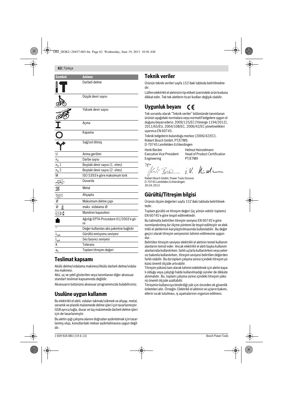 Teslimat kapsamı, Usulüne uygun kullanım, Teknik veriler | Uygunluk beyanı, Gürültü/titreşim bilgisi | Bosch GSB 14,4 V-LI Professional User Manual | Page 62 / 157