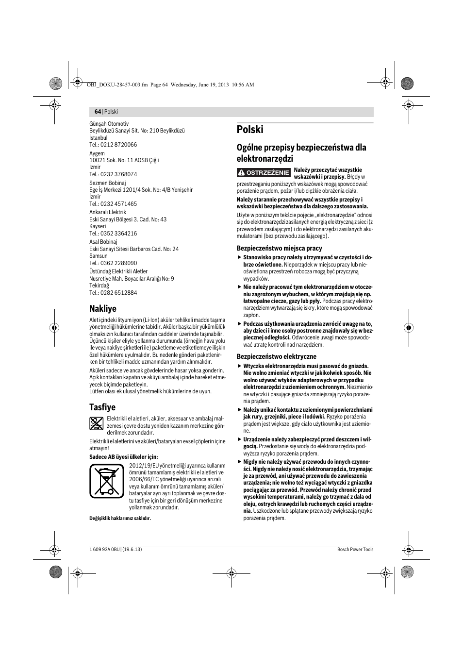 Polski, Nakliye, Tasfiye | Ogólne przepisy bezpieczeństwa dla elektronarzędzi | Bosch GSB 14,4 V-LI Professional User Manual | Page 64 / 157