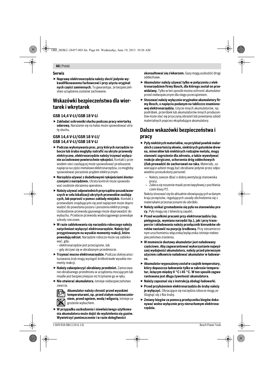 Dalsze wskazówki bezpieczeństwa i pracy | Bosch GSB 14,4 V-LI Professional User Manual | Page 66 / 157