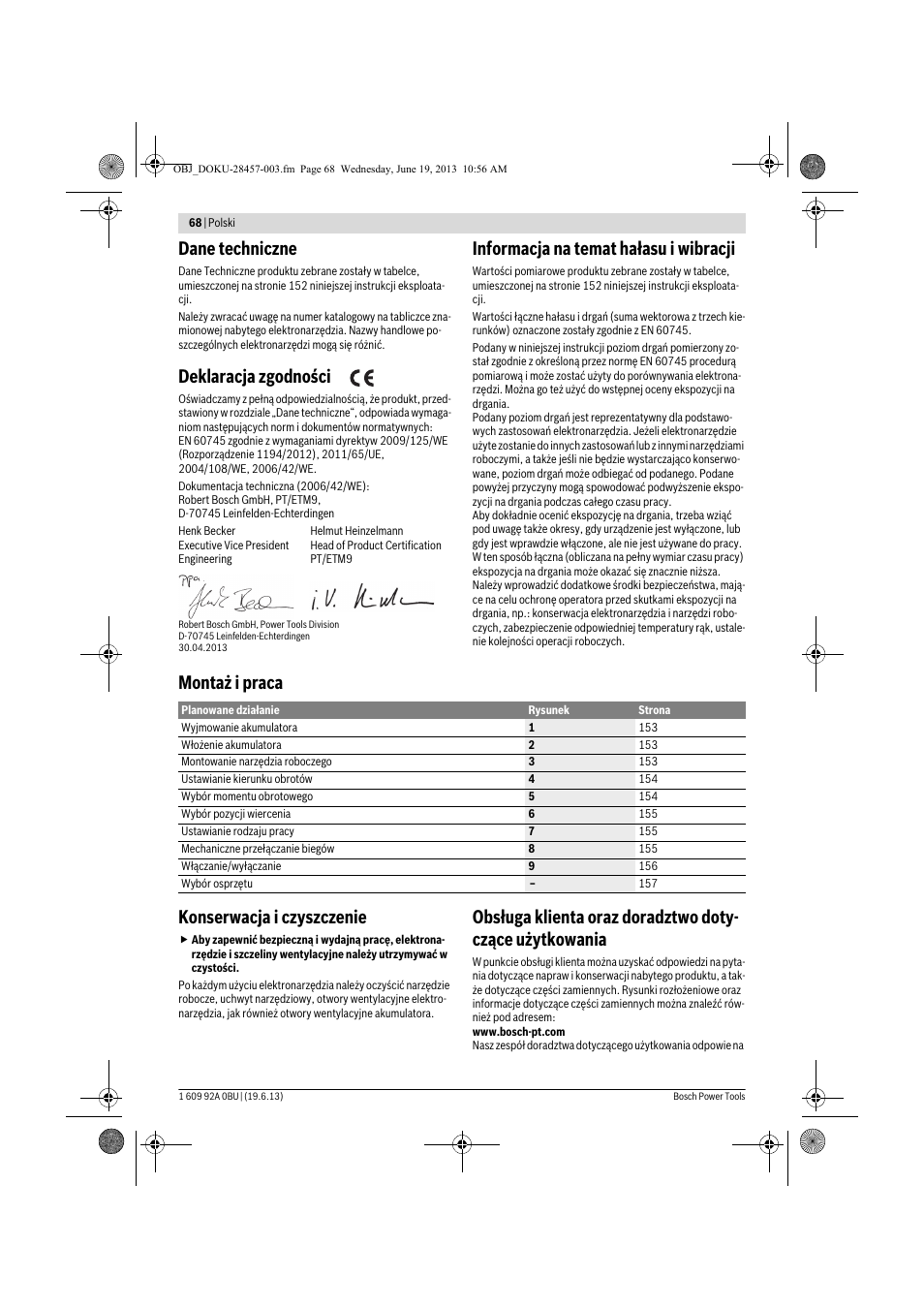 Dane techniczne, Deklaracja zgodności, Informacja na temat hałasu i wibracji | Montaż i praca konserwacja i czyszczenie | Bosch GSB 14,4 V-LI Professional User Manual | Page 68 / 157